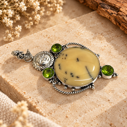 Yellow Dendritic Agate Pendant, Boho Gemstone Statement PEN495-SLV-LPD-NDAG04