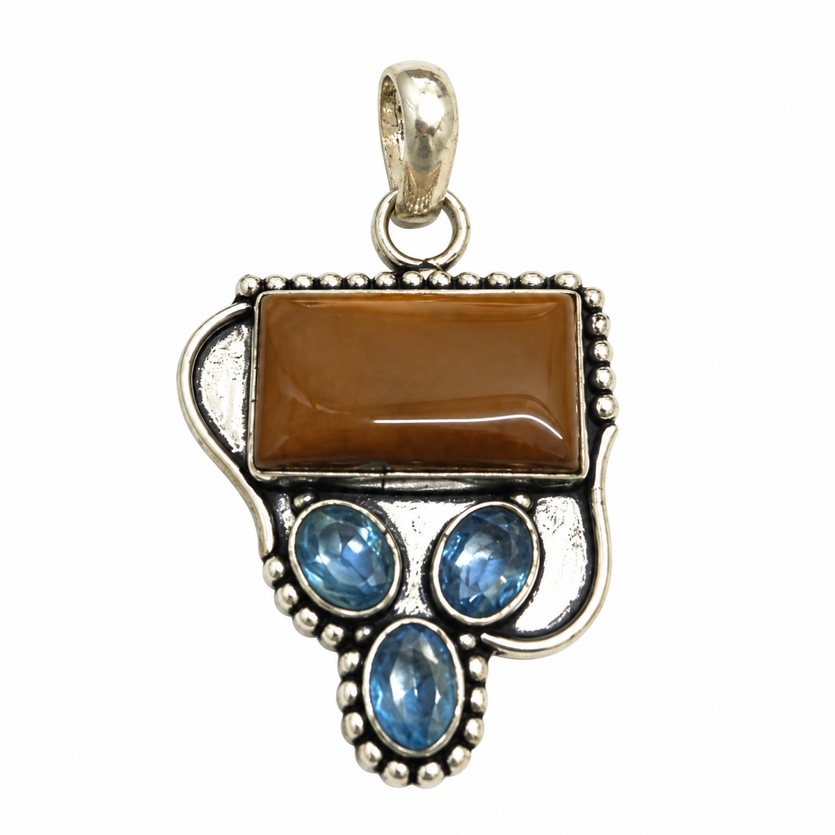 Tiger Eye Pendant, Brown Gemstone Blue Topaz Boho Jewelry PEN497-SLV-NTE-LQUA04