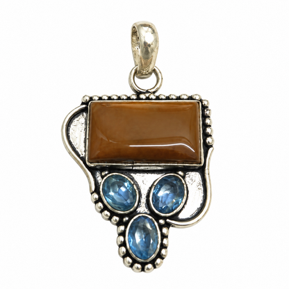 Tiger Eye Pendant, Brown Gemstone Blue Topaz Boho Jewelry PEN497-SLV-NTE-LQUA04