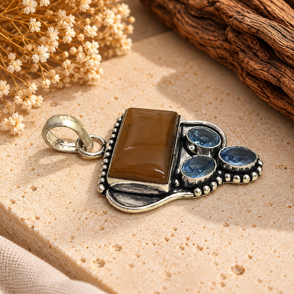 Tiger Eye Pendant, Brown Gemstone Blue Topaz Boho Jewelry PEN497-SLV-NTE-LQUA04