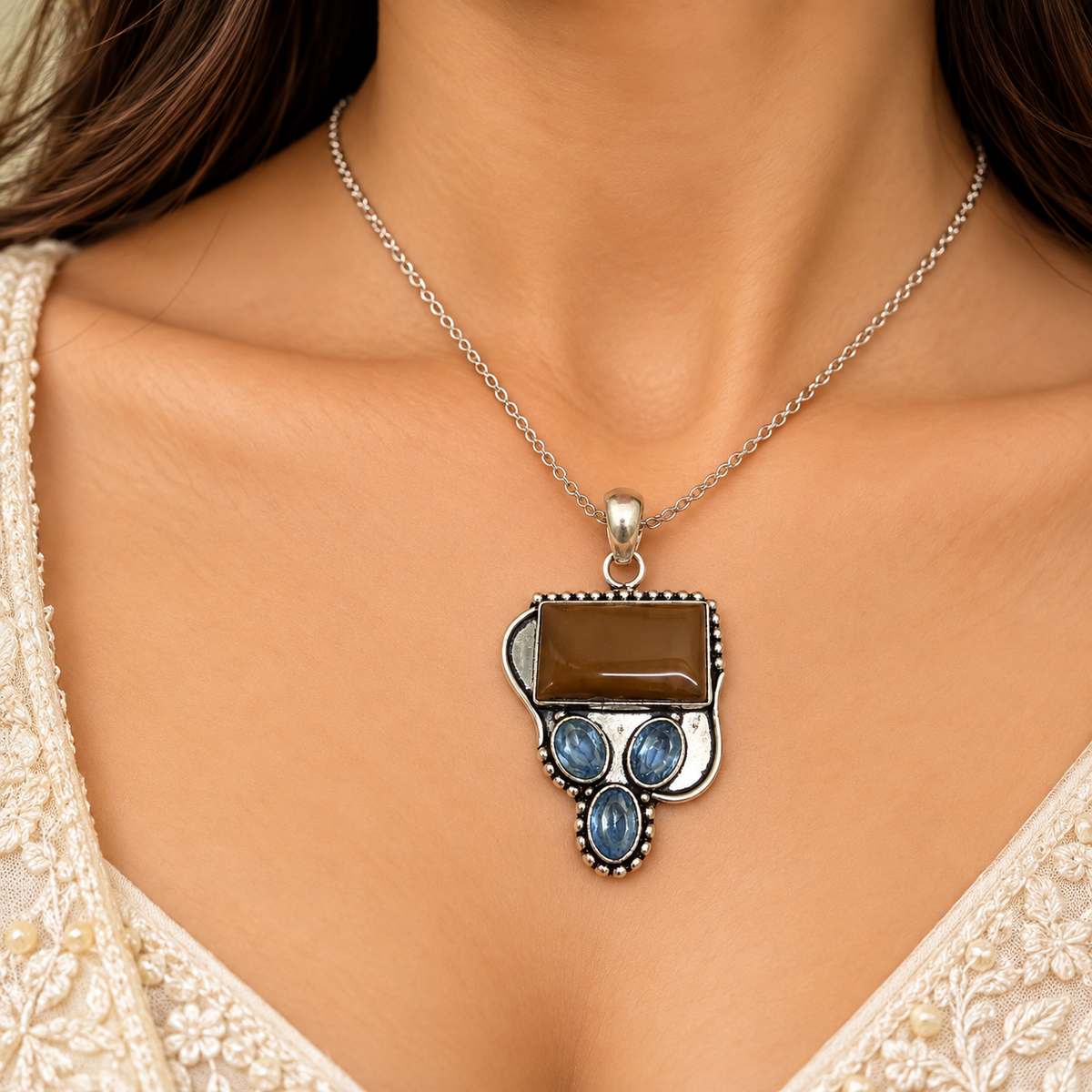 Tiger Eye Pendant, Brown Gemstone Blue Topaz Boho Jewelry PEN497-SLV-NTE-LQUA04