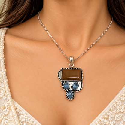 Tiger Eye Pendant, Brown Gemstone Blue Topaz Boho Jewelry PEN497-SLV-NTE-LQUA04