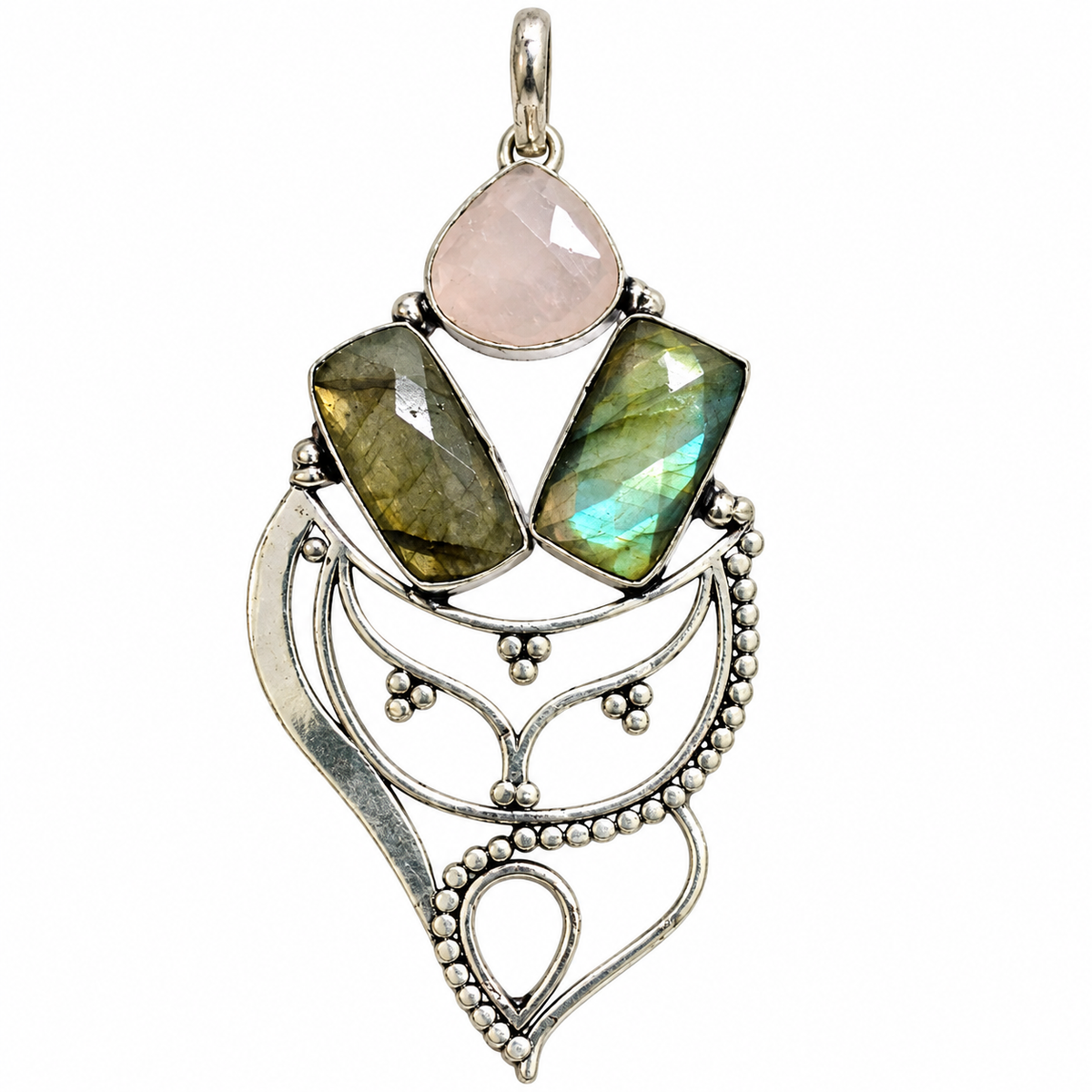 Labradorite Rose Quartz Pendant, Boho Gemstone Statement PEN498-SLV-NRQ+NLBD03