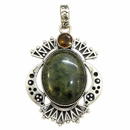 Moss Agate Pendant, Green Natural Gemstone Boho Statement PEN500-SLV-LQUA-NMAG02