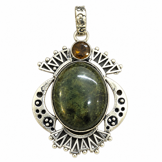 Moss Agate Pendant, Green Natural Gemstone Boho Statement PEN500-SLV-LQUA-NMAG02