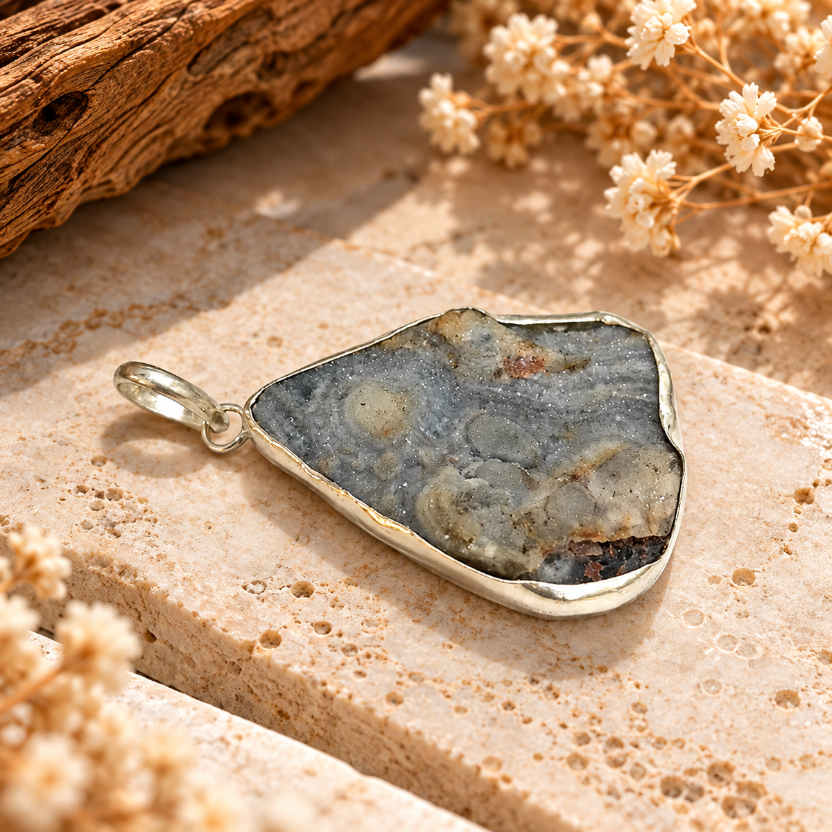 Desert Druzy Pendant, Natural Geode Gemstone Jewelry PEN502-SLV-NDDY01