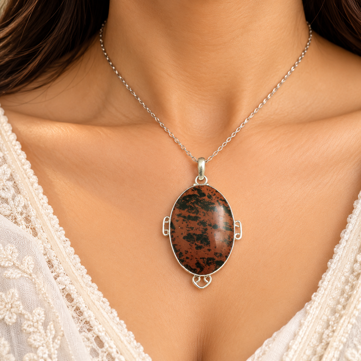 Mahogany Obsidian Pendant Natural Gemstone Boho Jewelry PEN503-SLV-NMGO01