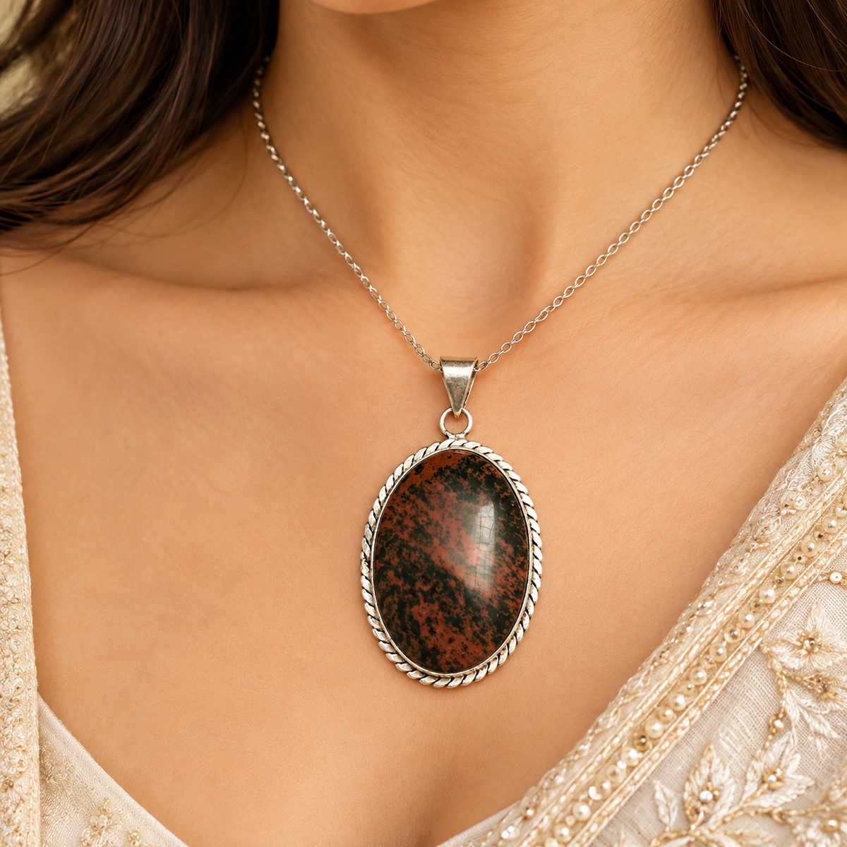 Mahogany Obsidian Pendant Natural Gemstone Jewelry PEN504-SLV-NMGO01