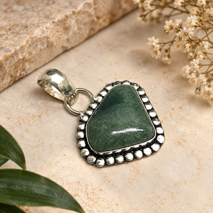 Natural Green Jasper Pendant, Boho Triangle Gemstone PEN507-SLV-NJR01