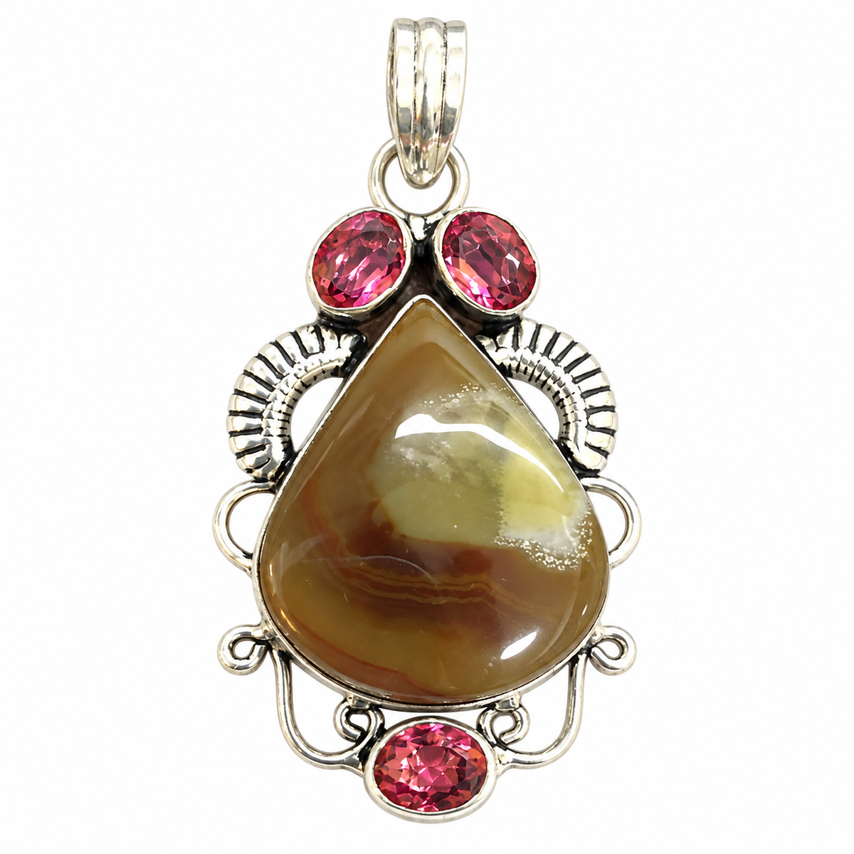 Natural Botswana Agate Pendant, Pink Quartz Boho Statement Jewelry PEN508-SLV-LQUA-NBWAG04