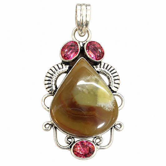 Natural Botswana Agate Pendant, Pink Quartz Boho Statement Jewelry PEN508-SLV-LQUA-NBWAG04