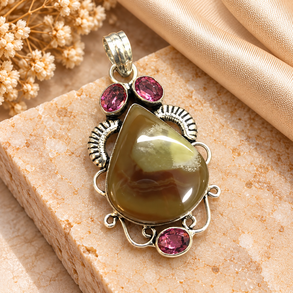 Natural Botswana Agate Pendant, Pink Quartz Boho Statement Jewelry PEN508-SLV-LQUA-NBWAG04