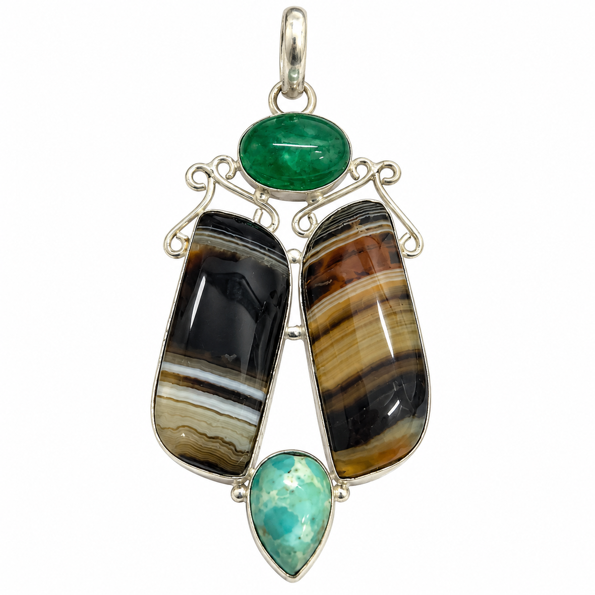 Banded Agate Pendant, Green Agate Turquoise Boho Gemstone PEN509-SLV-NMUL-NBWAG04