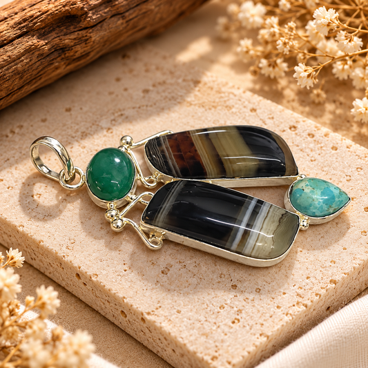 Banded Agate Pendant, Green Agate Turquoise Boho Gemstone PEN509-SLV-NMUL-NBWAG04