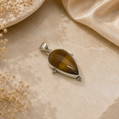 Natural Tiger Eye Pendant, Teardrop Boho Gemstone Jewelry Gift PEN51-SLV-LTE01