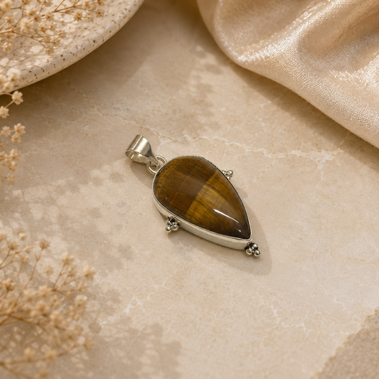 Natural Tiger Eye Pendant, Teardrop Boho Gemstone Jewelry Gift PEN51-SLV-LTE01