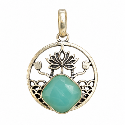 Aqua Chalcedony Pendant, Floral Boho Statement Gemstone PEN510-SLV-NAQCLY01