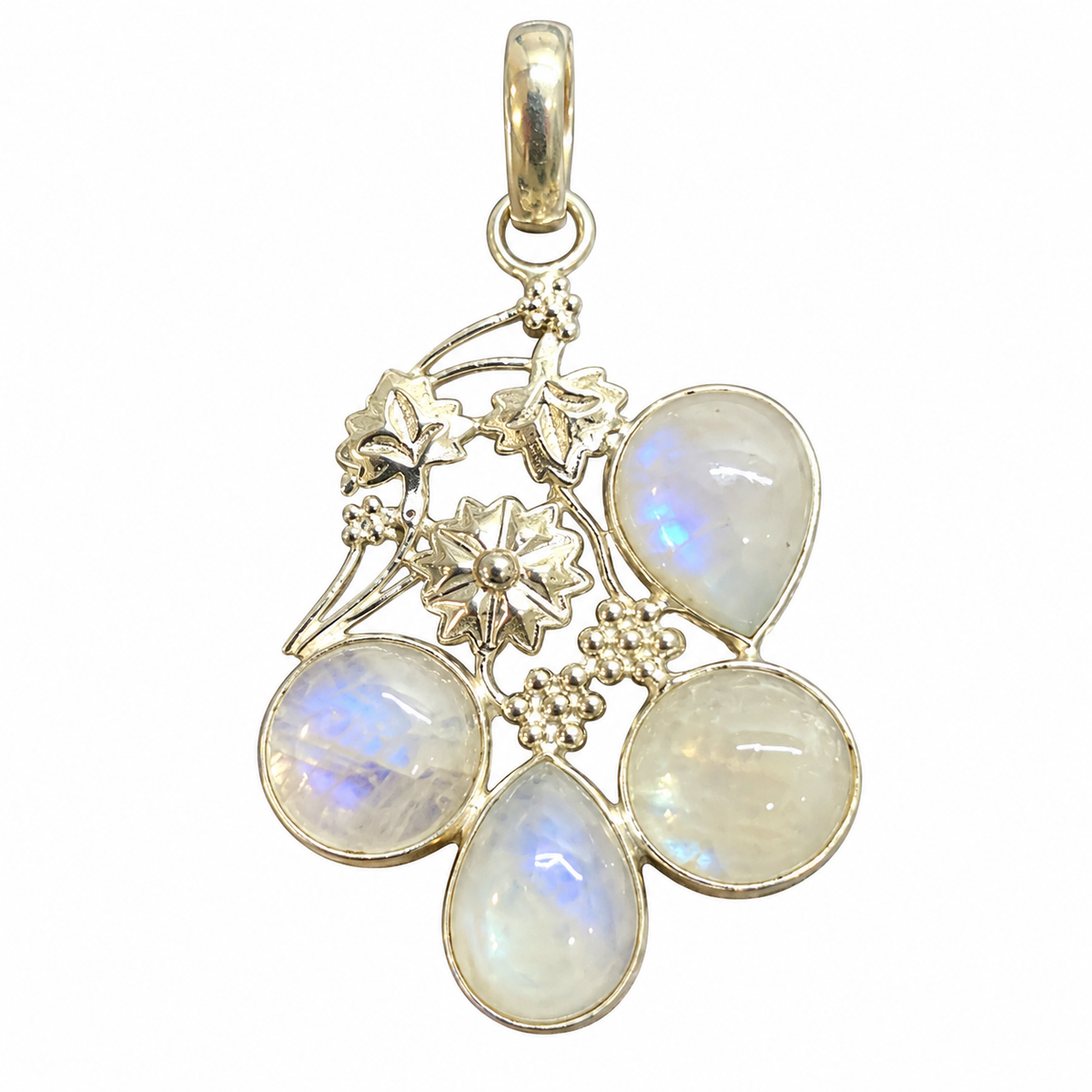 Rainbow Moonstone Floral Silver Pendant, Boho Jewelry Gift PEN511-SLV-NMS04