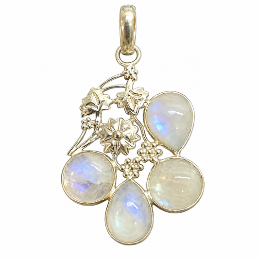 Rainbow Moonstone Floral Silver Pendant, Boho Jewelry Gift PEN511-SLV-NMS04