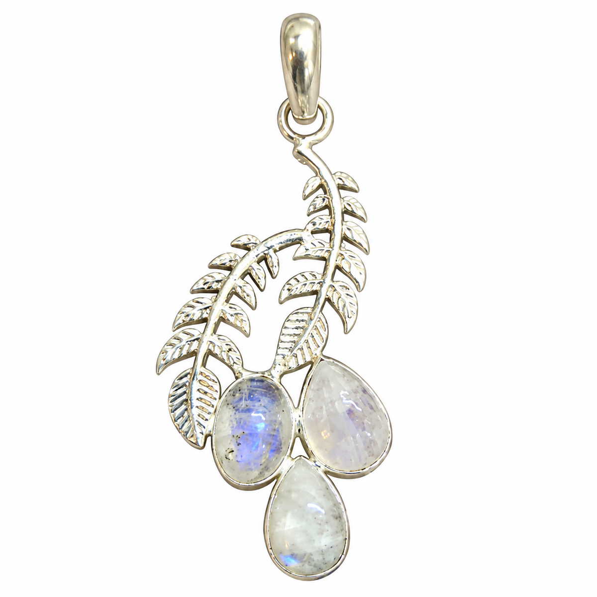 Rainbow Moonstone Leaf Pendant, Boho Nature Jewelry PEN512-SLV-NMS03
