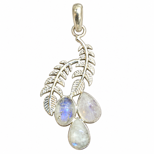 Rainbow Moonstone Leaf Pendant, Boho Nature Jewelry PEN512-SLV-NMS03
