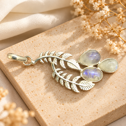 Rainbow Moonstone Leaf Pendant, Boho Nature Jewelry PEN512-SLV-NMS03