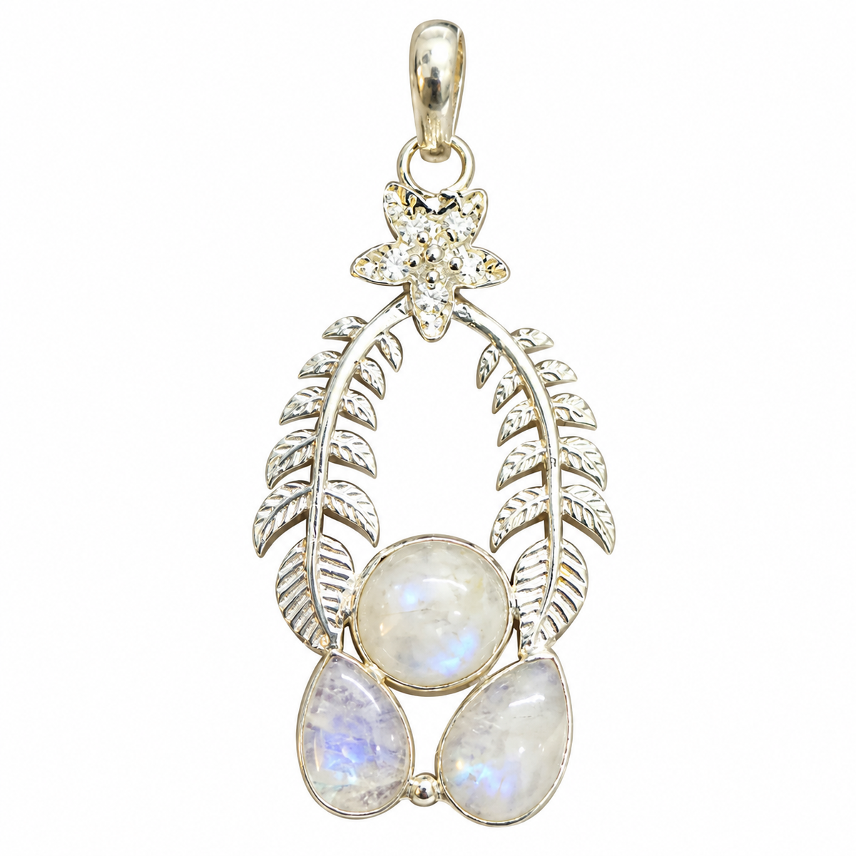 Rainbow Moonstone Floral Leaf Pendant, Boho Gemstone Jewelry PEN513-SLV-NMS03