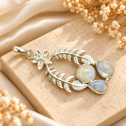 Rainbow Moonstone Floral Leaf Pendant, Boho Gemstone Jewelry PEN513-SLV-NMS03