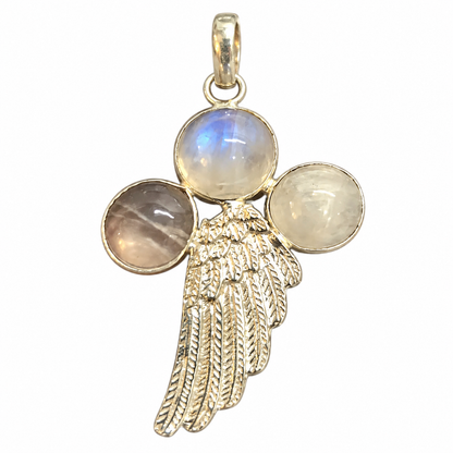 Rainbow Moonstone Feather Pendant, Boho Wing Jewelry PEN514-SLV-NMS03