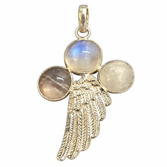 Rainbow Moonstone Feather Pendant, Boho Wing Jewelry PEN514-SLV-NMS03