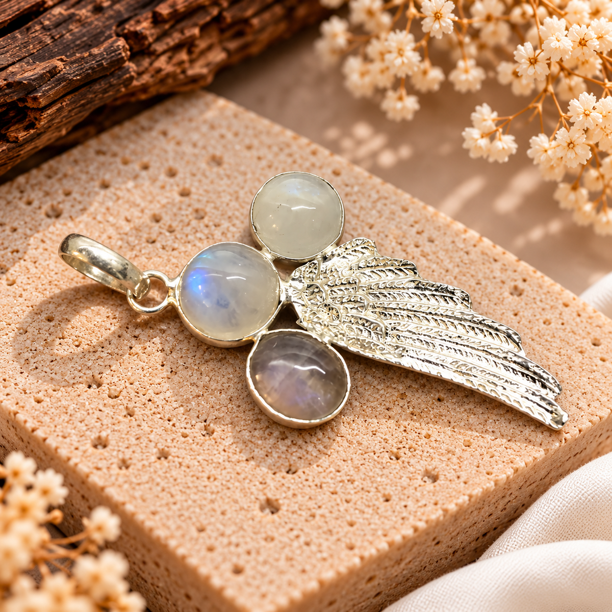 Rainbow Moonstone Feather Pendant, Boho Wing Jewelry PEN514-SLV-NMS03