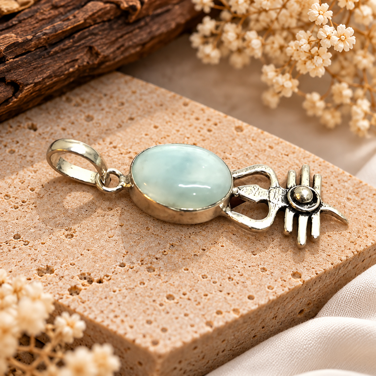 Larimar Gemstone Pendant, Silver Tone Boho Ocean Jewelry PEN515-SLV-NLAR01