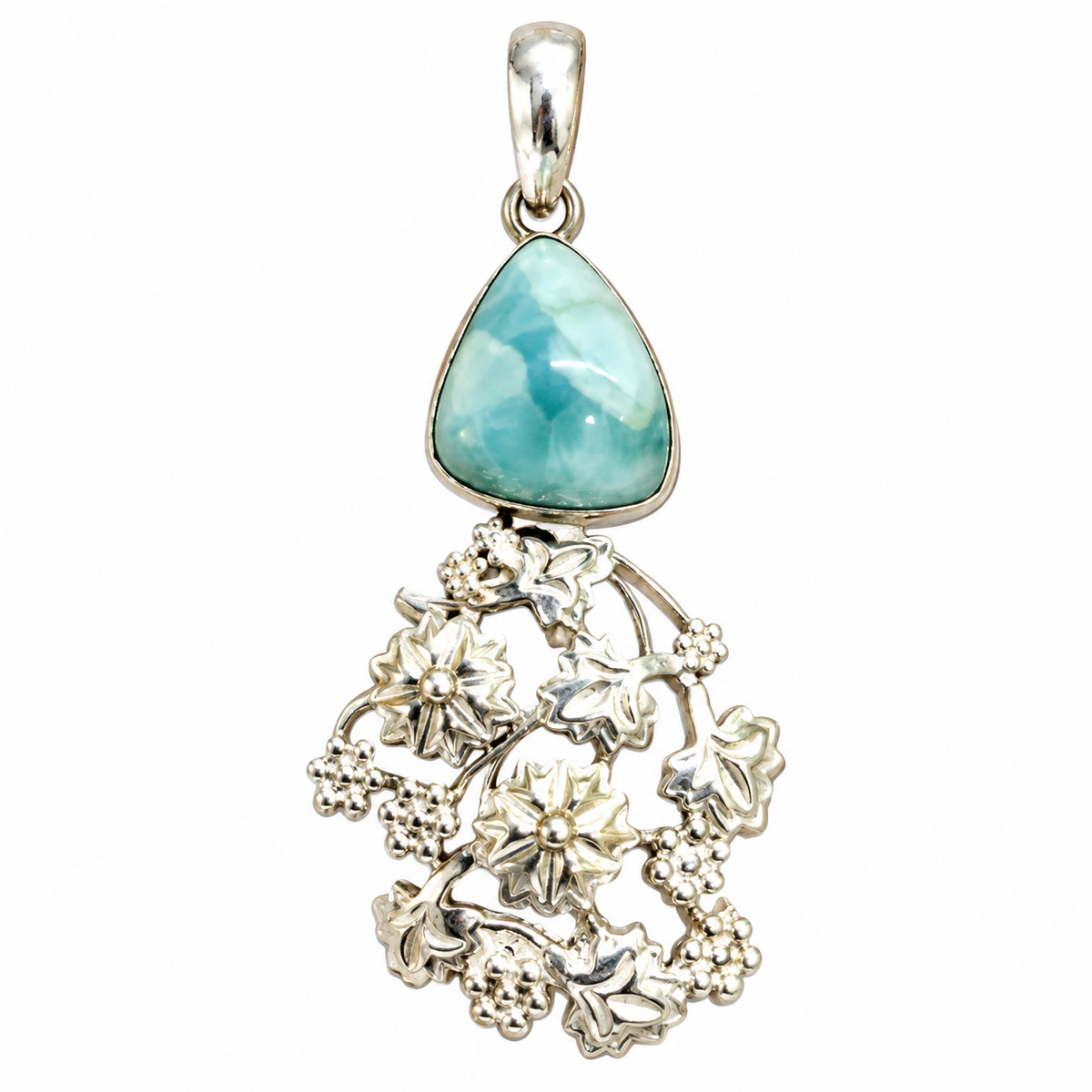 Larimar Floral Pendant, Blue Gemstone Botanical Jewelry PEN516-SLV-NLAR01