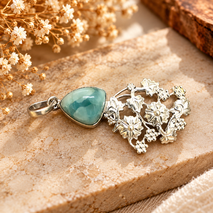 Larimar Floral Pendant, Blue Gemstone Botanical Jewelry PEN516-SLV-NLAR01
