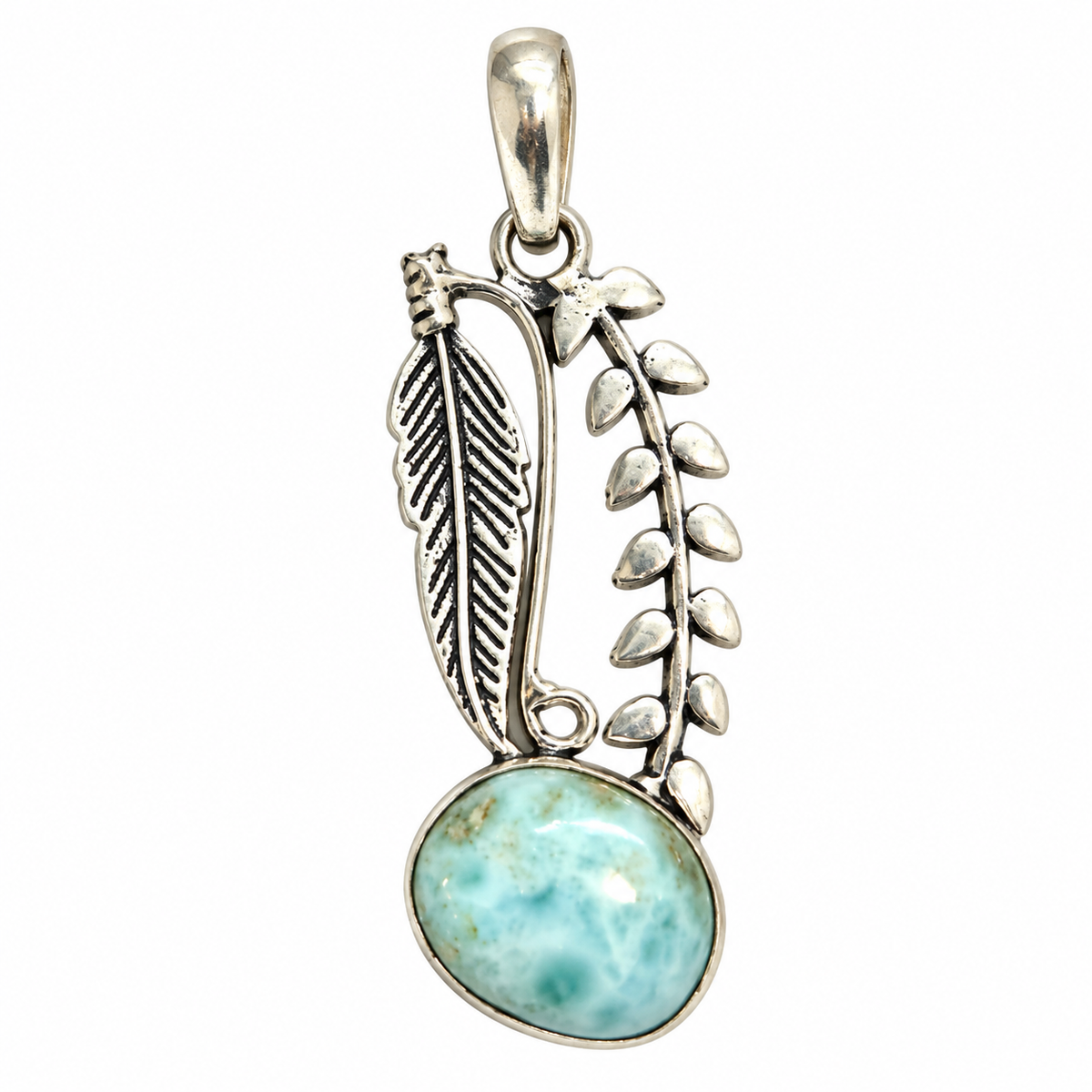 Larimar Feather Pendant, Boho Blue Gemstone Nature Jewelry PEN517-SLV-NLAR01