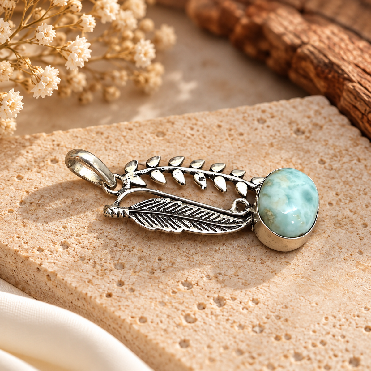 Larimar Feather Pendant, Boho Blue Gemstone Nature Jewelry PEN517-SLV-NLAR01