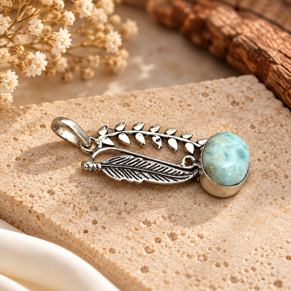 Larimar Feather Pendant, Boho Blue Gemstone Nature Jewelry PEN517-SLV-NLAR01