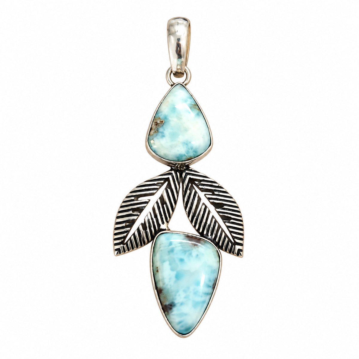 Larimar Leaf Pendant, Blue Gemstone Boho Nature Jewelry PEN518-SLV-NLAR02