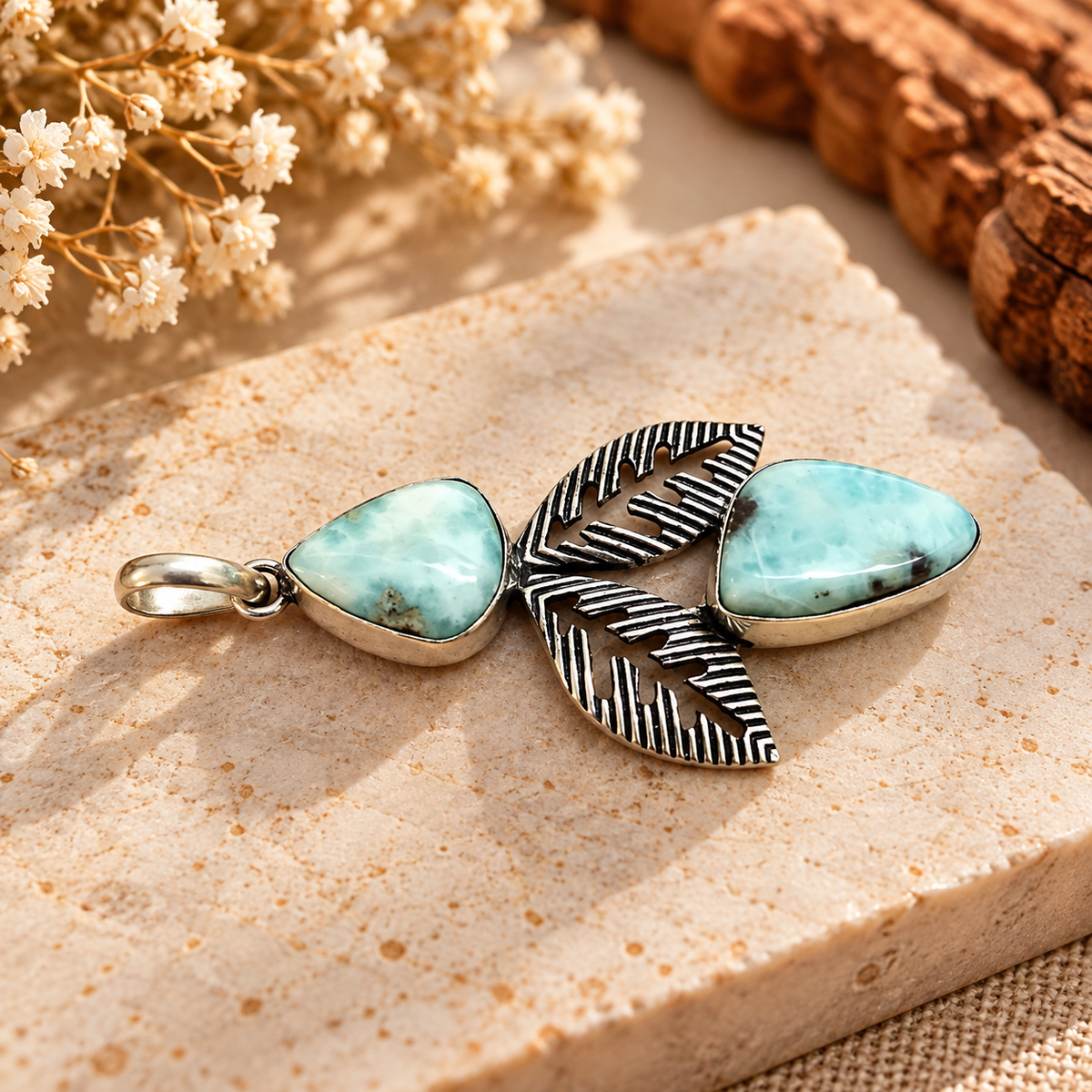Larimar Leaf Pendant, Blue Gemstone Boho Nature Jewelry PEN518-SLV-NLAR02