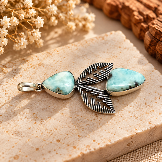 Larimar Leaf Pendant, Blue Gemstone Boho Nature Jewelry PEN518-SLV-NLAR02