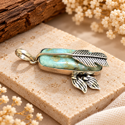 Larimar Arrow Pendant, Blue Gemstone Feather Boho Jewelry PEN519-SLV-NLAR01