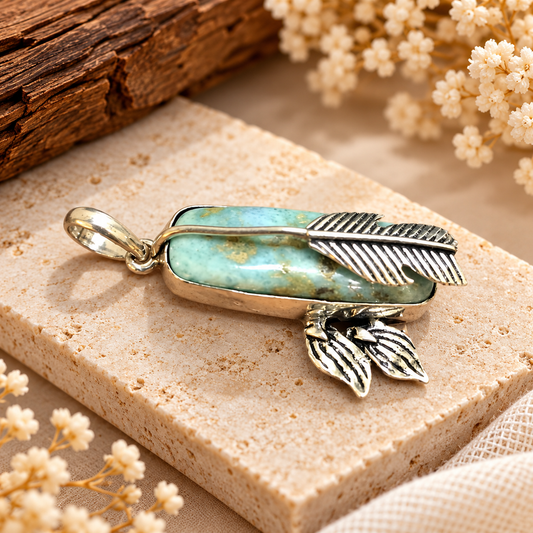 Larimar Arrow Pendant, Blue Gemstone Feather Boho Jewelry PEN519-SLV-NLAR01