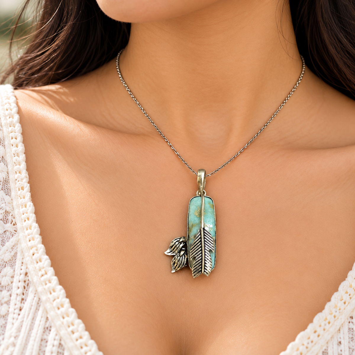 Larimar Arrow Pendant, Blue Gemstone Feather Boho Jewelry PEN519-SLV-NLAR01
