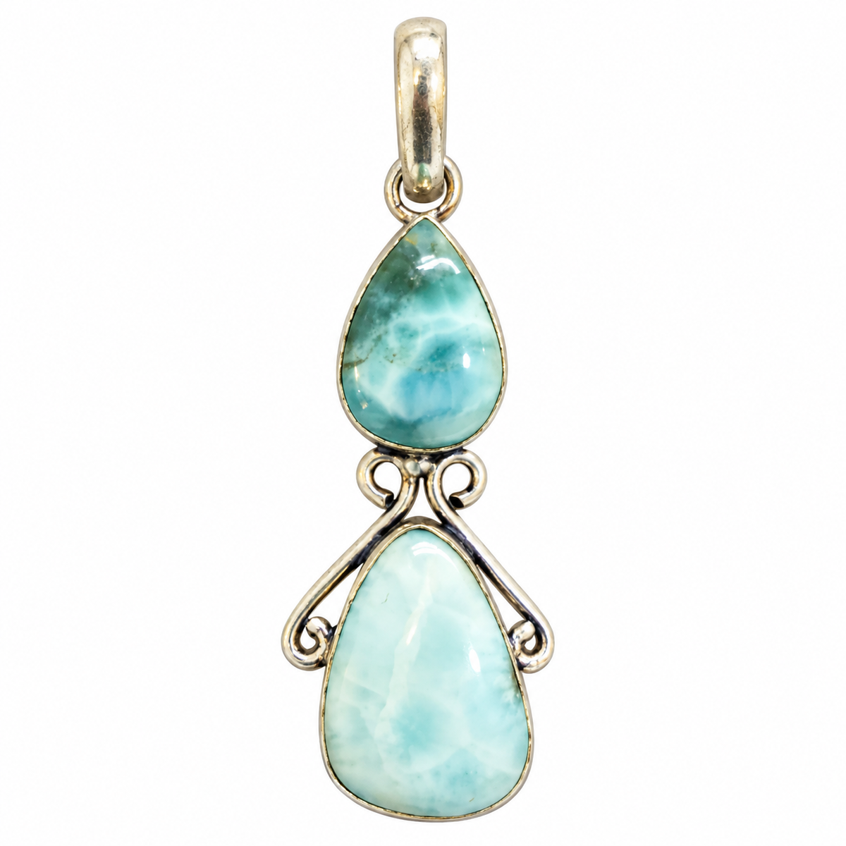 Larimar Double Stone Pendant, Blue Gemstone Boho Jewelry PEN521-SLV-NLAR02