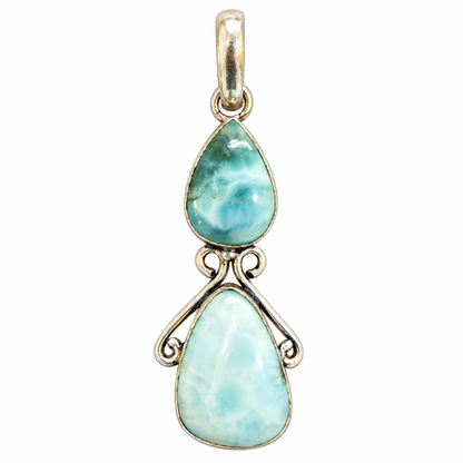 Larimar Double Stone Pendant, Blue Gemstone Boho Jewelry PEN521-SLV-NLAR02