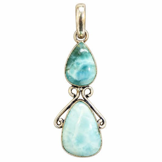 Larimar Double Stone Pendant, Blue Gemstone Boho Jewelry PEN521-SLV-NLAR02