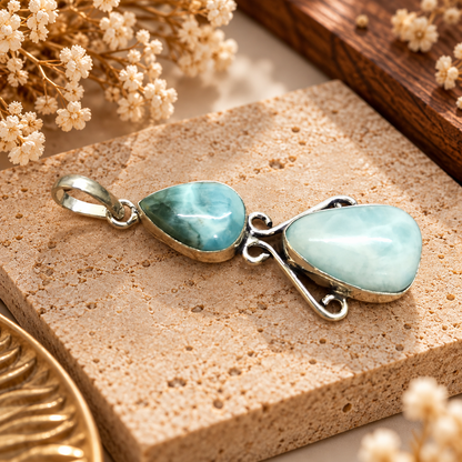Larimar Double Stone Pendant, Blue Gemstone Boho Jewelry PEN521-SLV-NLAR02