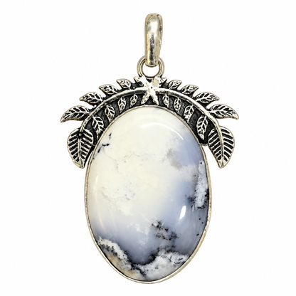 Dendritic Agate Pendant, White Gemstone Leaf Boho Jewelry PEN522-SLV-NDAG01
