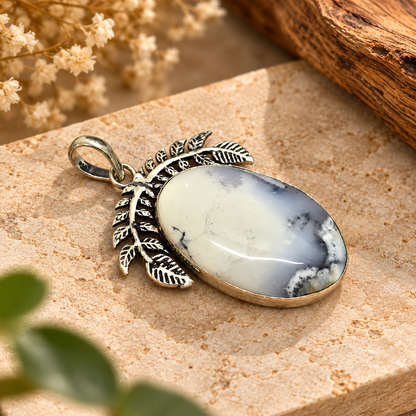 Dendritic Agate Pendant, White Gemstone Leaf Boho Jewelry PEN522-SLV-NDAG01