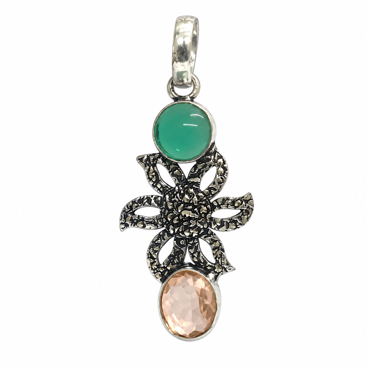 Green Agate Citrine Floral Pendant Boho Artisan Jewelry PEN523-SLV-LMUL02